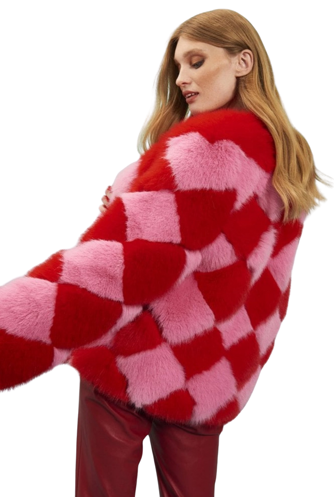 Jayley Delilah Diamond Pink & Red Faux Fur Jacket: Small/Medium