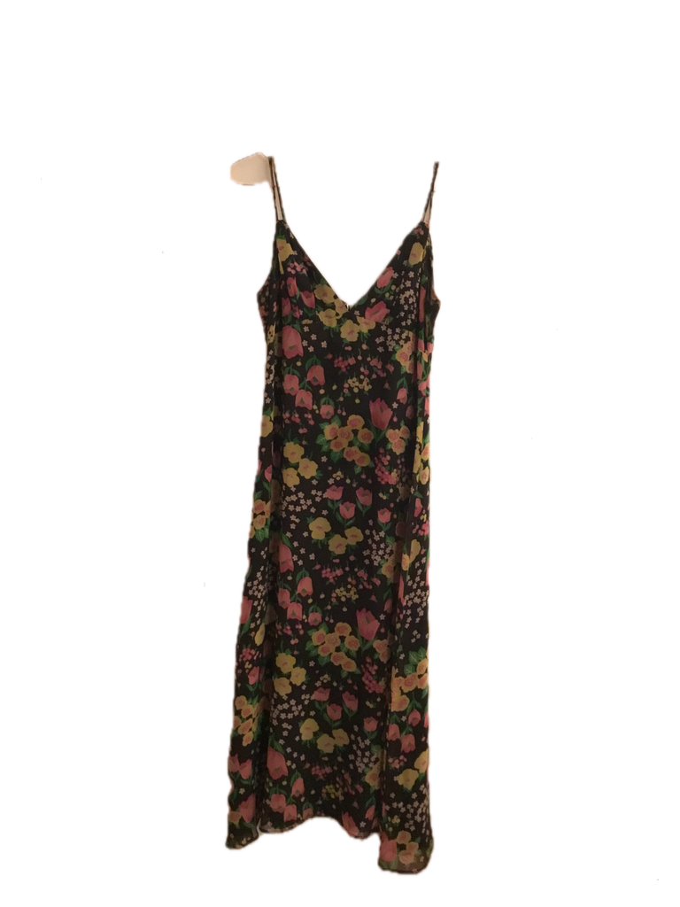 Vintage Black Floral Spaghetti Strap Dress - Small